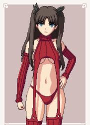 Rule 34 | 1girl, :/, blue eyes, border, bow, breasts, brown hair, closed mouth, cowboy shot, detached sleeves, fate/stay night, fate (series), hair bow, hand on own hip, highres, looking at viewer, medium breasts, meme attire, navel, panties, pixel art, red panties, red thighhighs, seiko093, solo, stomach, sweater, thighhighs, tohsaka rin, turtleneck, turtleneck sweater, two side up, underwear, virgin destroyer sweater, white border