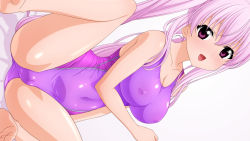 Rule 34 | 1girl, absurdres, cameltoe, cleft of venus, competition swimsuit, covered erect nipples, highres, long hair, looking at viewer, one-piece swimsuit, open mouth, original, purple eyes, purple hair, purple one-piece swimsuit, sideways, simple background, smile, solo, spread legs, sugimura tomokazu, swimsuit, twintails, white background