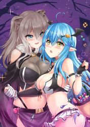 Rule 34 | 2girls, ahoge, animal ears, arm strap, basket, black cape, black gloves, blue eyes, blue hair, blush, braid, breasts, candy, cape, cleavage, commentary request, crop top, earrings, elf, fang, fingerless gloves, food, french braid, gloves, hair between eyes, hair ornament, halloween, head wings, heart, heart ahoge, highleg, highleg panties, highres, holding hands, hololive, jewelry, large breasts, lion ears, lion girl, long hair, looking at another, looking at viewer, miniskirt, miyuki rei, multiple girls, navel, open mouth, panties, pointy ears, see-through, see-through cleavage, shishiro botan, sidelocks, silver hair, single glove, skirt, sparkle, sweatdrop, underwear, virtual youtuber, white gloves, white skirt, wings, x hair ornament, yellow eyes, yukihana lamy