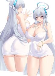 Rule 34 | 1girl, alternate ass size, alternate breast size, ass, bare shoulders, blue archive, blunt bangs, bracelet, breasts, cleavage, closed eyes, closed mouth, collarbone, commentary, covered navel, cropped legs, dress, from behind, grey hair, halo, hand on own chest, hand up, headgear, highres, huge ass, huge breasts, jewelry, kuavera, large breasts, light blush, light smile, long hair, looking at viewer, multiple views, noa (blue archive), panties, profile, purple eyes, ring, simple background, skindentation, strapless, strapless dress, thick thighs, thighs, underbutt, underwear, very long hair, wedding ring, white dress, white panties
