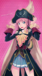 Rule 34 | 1girl, belt, blue eyes, bow, cape, copyright name, ascot, epaulettes, hair ornament, hairclip, hanji (hansi), hat, hat feather, katou marika, long hair, miniskirt pirates, open mouth, pink hair, pirate, pirate hat, saber (weapon), skirt, skull and crossbones, solo, sword, weapon