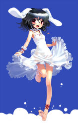 Rule 34 | 1girl, alternate color, alternate costume, animal ears, anklet, bare legs, barefoot, black hair, carrot, carrot necklace, choker, clothes lift, dress, dress lift, feet, female focus, full body, inaba tewi, jewelry, katahira masashi, leg ribbon, necklace, open mouth, pendant, rabbit ears, red eyes, ribbon, running, see-through, short hair, smile, solo, standing, sundress, toes, touhou, wavy hair, white dress, wrist cuffs