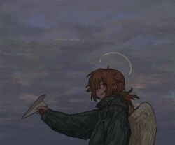 Rule 34 | 1girl, :d, arm at side, black eyes, black jacket, blush, cloud, cloudy sky, dark, evening, feathered wings, from side, halo, hasu art, highres, holding paper airplane, jacket, long sleeves, looking at viewer, open mouth, orange hair, original, outdoors, outstretched arm, sky, smile, solo, upper body, white wings, wings