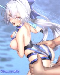Rule 34 | 1boy, 1girl, ass, back, bare shoulders, blue bow, blue one-piece swimsuit, bow, breasts, breasts out, censored, energy sword, fate/grand order, fate (series), free note017, hair between eyes, hair bow, hetero, highleg, highleg swimsuit, large breasts, long hair, looking back, mosaic censoring, nipples, one-piece swimsuit, open mouth, penis, ponytail, red eyes, rolling eyes, sex, sex from behind, solo focus, standing, standing sex, swimsuit, sword, tearing up, thigh strap, thighs, tomoe gozen (fate), tomoe gozen (swimsuit saber) (fate), tomoe gozen (swimsuit saber) (first ascension) (fate), two-tone swimsuit, vaginal, weapon, white hair, white one-piece swimsuit