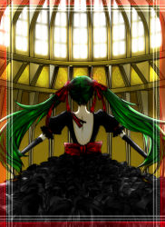 Rule 34 | 1girl, alternate costume, architecture, backless dress, backless outfit, bad id, bad pixiv id, bare back, black dress, bow, clerestory, day, dress, elbow gloves, frilled dress, frills, from behind, gloves, gothic architecture, green hair, hatsune miku, large bow, long hair, ripunripun, solo, twintails, very long hair, vocaloid, window