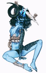 Rule 34 | 1girl, arm tattoo, armor, bad id, bad pixiv id, barefoot, between legs, black hair, blue eyes, blue sclera, blue skin, blue theme, claws, colored sclera, colored skin, crop top, curled horns, feet, full body, greaves, hand between legs, highres, horns, knees apart feet together, leg tattoo, long toenails, looking to the side, messy hair, oni horns, original, pachyphytum, panties, rope, sharp toenails, simple background, single greave, sitting, skull on head, solo, stone horns, tattoo, toenails, underwear, white background, wiping mouth