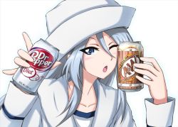 Rule 34 | 10s, 1girl, ;o, \n/, a&amp;w, blouse, blue eyes, can, commentary, dixie cup hat, dr pepper, drink can, english text, flint (girls und panzer), girls und panzer, hat, holding, logo, long hair, long sleeves, looking at viewer, military hat, omachi (slabco), one eye closed, ooarai naval school uniform, portrait, sailor, sailor collar, school uniform, shirt, silver hair, simple background, soda can, solo, white background, white hat, white shirt