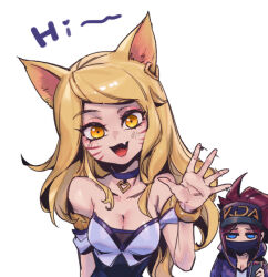 Rule 34 | 2girls, ahri (league of legends), akali, animal ears, blonde hair, blue eyes, breasts, brown hair, cleavage, collarbone, facial mark, fang, fox ears, jacket, k/da (league of legends), k/da ahri, k/da akali, korean commentary, league of legends, long hair, looking at viewer, medium breasts, multiple girls, official alternate costume, official alternate hairstyle, open mouth, phantom ix row, ponytail, purple jacket, simple background, smile, upper body, whisker markings, white background, yellow eyes