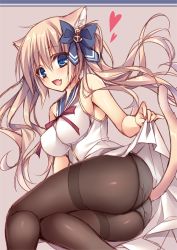 Rule 34 | 1girl, animal ears, ass, black pantyhose, blonde hair, blue eyes, blush, bow, breasts, cat ears, cat tail, dress, fang, hair bow, heart, impossible clothes, large breasts, long hair, looking at viewer, lying, on side, original, panties, panties under pantyhose, pantyhose, sailor dress, school uniform, serafuku, simple background, sleeveless, smile, solo, sorai shin&#039;ya, tail, thighband pantyhose, twintails, underwear