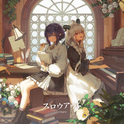 Rule 34 | 2girls, absurdres, ahoge, album cover, back-to-back, black dress, blue flower, bob cut, book, book stack, boots, bow, bowtie, braid, cover, cross-laced footwear, demon horns, desk, desk lamp, dress, ema3, english text, flower, green eyes, hair between eyes, high collar, highres, holding, holding paper, holding pen, horns, indie virtual youtuber, instrument, lace-up boots, lamp, layered skirt, long hair, long sleeves, looking at viewer, multiple girls, music, nibiiro yurushi, paper, pen, piano, plant, playing instrument, pleated skirt, pointy ears, puffy long sleeves, puffy sleeves, purple hair, quill, red eyes, rose, sheet music, shirt, sitting, skirt, smile, vines, virtual youtuber, white dress, white flower, white hair, white shirt, window, yashiroma mea
