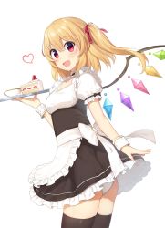 Rule 34 | 1girl, :d, absurdres, alternate costume, apron, ass, black dress, black thighhighs, blonde hair, blush, bow, cake, cup, dress, enmaided, flandre scarlet, food, frilled dress, frills, hair bow, heart, highres, looking at viewer, maid, open mouth, panties, puffy short sleeves, puffy sleeves, red eyes, short sleeves, side ponytail, simple background, smile, teacup, thighhighs, touhou, tray, underwear, waist apron, white background, white panties, wings, yada (xxxadaman)