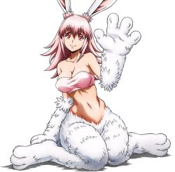 Rule 34 | 10s, 1girl, animal ears, breasts, cleavage, collarbone, fur, highres, inaba ui, killing bites, large breasts, long hair, looking at viewer, navel, official art, pink hair, rabbit ears, red eyes, sitting, smile, solo, transparent background, wariza, watanabe kazuo, waving
