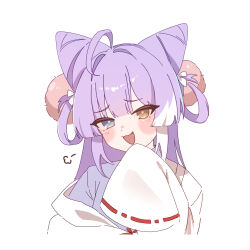 Rule 34 | 1girl, :3, :d, ahoge, blue eyes, blunt bangs, blush, bow, brown eyes, commentary request, cone hair bun, doongdang, dot nose, fang, hair bow, hair bun, hair ornament, hair rings, hand on own chin, hand up, head tilt, heterochromia, highres, long hair, looking at viewer, multicolored hair, open mouth, pom pom (clothes), pom pom hair ornament, purple hair, purple shirt, raised eyebrows, robe, shirt, sidelocks, simple background, single off shoulder, sleeves past fingers, sleeves past wrists, smile, smug, solo, stellive, streaked hair, tenko shibuki, thick eyelashes, upper body, virtual youtuber, white background, white bow, white hair, white robe, wide sleeves