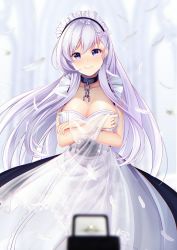 Rule 34 | 1girl, apron, azur lane, bad id, bad pixiv id, bare shoulders, belfast (azur lane), blue eyes, blurry, blurry foreground, blush, braid, breasts, bride, chain, cleavage, collar, collarbone, crying, crying with eyes open, dhfz181, dress, french braid, frills, gloves, happy tears, highres, holding, jewelry, large breasts, long hair, looking at viewer, maid, maid headdress, ring, silver hair, smile, solo, strapless, strapless dress, tears, tiara, wedding, wedding dress, white gloves