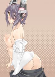 Rule 34 | 10s, 1girl, :t, ass, bare shoulders, breasts, clothes pull, dress shirt, eyepatch, kantai collection, large breasts, looking at viewer, nipples, no panties, perky breasts, pout, puffy nipples, purple hair, shirt, short hair, skirt, skirt pull, solo, tenryuu (kancolle), undressing, yasu (yossy), yellow eyes