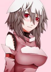 Rule 34 | 1girl, animal ears, bare shoulders, blush, breasts, detached sleeves, female focus, heart, heart-shaped pupils, icf, impossible clothes, impossible shirt, inubashiri momiji, large breasts, looking at viewer, mazuka kei, no headwear, no headwear, red eyes, shirt, silver hair, smile, solo, symbol-shaped pupils, touhou, wolf ears
