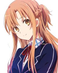 Rule 34 | 1girl, asuna (sao), blazer, braid, brown eyes, brown hair, collared shirt, commentary request, emu (trigger), french braid, highres, jacket, long hair, looking at viewer, neck ribbon, red ribbon, ribbon, school uniform, shirt, sidelocks, simple background, smile, solo, sword art online, upper body, white background