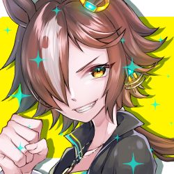 Rule 34 | 1girl, :d, animal ears, black jacket, brown hair, clenched hand, fingernails, grin, hair over one eye, horse ears, horse girl, ichica m, jacket, long hair, long sleeves, looking at viewer, open mouth, ponytail, smile, solo, teeth, umamusume, vodka (umamusume), yellow background, yellow eyes
