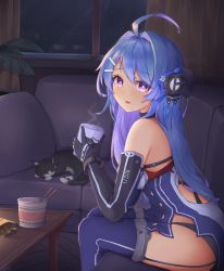 Rule 34 | 1girl, :d, absurdres, azur lane, bare shoulders, black choker, black gloves, black panties, blue hair, blue thighhighs, blush, boots, breasts, cat, choker, commentary, couch, cup, cup ramen, dress, eagle union (emblem), elbow gloves, english commentary, from side, garter straps, gloves, gradient hair, hair ornament, hairclip, hands up, headgear, helena (azur lane), highres, holding, holding cup, indoors, kyl490, leaning forward, long hair, looking at viewer, looking to the side, medium breasts, mug, multicolored hair, night, on couch, open mouth, panties, purple eyes, purple hair, retrofit (azur lane), short dress, sleeping animal, sleeveless, sleeveless dress, smile, solo, taut clothes, taut dress, thigh boots, thighhighs, thighs, underwear, very long hair
