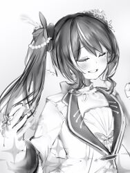 Rule 34 | 1girl, absurdres, azki (5th costume) (hololive), azki (hololive), closed eyes, earrings, greyscale, hair ornament, highres, hololive, jewelry, light blush, long hair, long sleeves, mole, mole under eye, monochrome, multicolored background, multicolored hair, nanashi (nlo), parted lips, side ponytail, simple background, smile, solo, streaked hair, upper body, virtual youtuber
