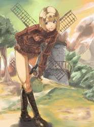 Rule 34 | 1girl, blonde hair, boots, bottomless, day, knife, leaning forward, nature, outdoors, solo, sweater, windmill, yohane