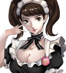 Rule 34 | 1girl, breasts, brown eyes, brown hair, cleavage, detached collar, female focus, highres, kawakami sadayo, large breasts, looking at viewer, maid, matching hair/eyes, persona, persona 5, pertex 777, simple background, solo, swept bangs, thighhighs, twintails, upper body, v, white background