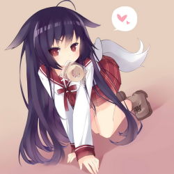 Rule 34 | 1girl, all fours, animal ears, blush, commentary request, copyright request, food, full body, heart, long hair, looking at viewer, miniskirt, pleated skirt, purple hair, red eyes, red skirt, saru, school uniform, serafuku, skirt, solo, spoken heart, tail