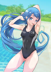 Rule 34 | 1girl, arm behind head, axley, black one-piece swimsuit, blue eyes, blue hair, blue sky, breasts, cloud, commentary request, competition swimsuit, covered navel, cowboy shot, day, groin, highleg, highleg swimsuit, highres, kantai collection, long hair, one-piece swimsuit, outdoors, pool, samidare (kancolle), sky, small breasts, solo, swimsuit, tongue, tongue out, two-tone swimsuit, very long hair
