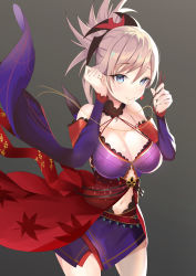 Rule 34 | 1girl, asymmetrical hair, bare shoulders, black thighhighs, blue eyes, blue kimono, blush, breasts, chopsticks, cleavage, closed mouth, clothing cutout, detached sleeves, eating, fate/grand order, fate (series), food, hair ornament, hand in own hair, highres, japanese clothes, kimono, large breasts, long hair, looking at viewer, miyamoto musashi (fate), miyamoto musashi (third ascension) (fate), navel, navel cutout, noodles, obi, pink hair, ponytail, sash, short kimono, simple background, sleeveless, sleeveless kimono, smile, solo, swept bangs, thighhighs, thighs, zotari