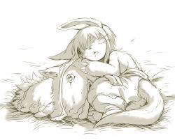 Rule 34 | 1girl, animal ears, barefoot, cr72, creature, drooling, closed eyes, full body, furry, hand on another&#039;s head, lying, made in abyss, mitty (made in abyss), monochrome, nanachi (made in abyss), on side, open mouth, pants, saliva, sleeping, tail, topless