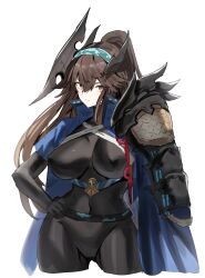 Rule 34 | 1girl, absurdres, armor, asymmetrical horns, black bodysuit, black horns, blue cape, bodysuit, breasts, brown eyes, brown hair, cape, character request, closed mouth, commentary request, copyright request, covered navel, cowboy shot, hair between eyes, hand on own hip, highres, horn/wood, horns, large breasts, long hair, looking at viewer, ponytail, shoulder armor, simple background, solo, white background