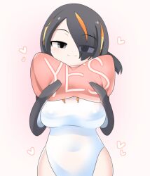 Rule 34 | 1girl, black eyes, black hair, black jacket, blush, breasts, commentary request, covered navel, cowboy shot, emperor penguin (kemono friends), hair between eyes, hair over one eye, heart, jacket, kemono friends, large breasts, leotard, lets0020, long bangs, looking at viewer, multicolored hair, orange hair, pink background, short hair, shrug (clothing), smile, solo, white leotard, yes, yes-no pillow
