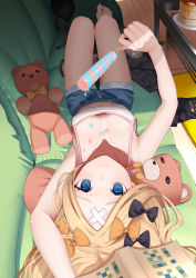 Rule 34 | 1girl, abigail williams (fate), absurdres, bandaid, bandaid on arm, bandaid on face, bandaid on forehead, bare shoulders, black bow, black cat, black jacket, blonde hair, blue eyes, blue shorts, blurry, blush, book, bow, breasts, camisole, cat, clothes on floor, collarbone, couch, crossed bandaids, denim, denim shorts, depth of field, downblouse, fate/grand order, fate (series), food, forehead, green couch, groin, hair bow, highres, holding, holding food, jacket, knees together feet apart, long hair, looking at viewer, lying, melting, multiple bows, navel, on back, orange bow, parted bangs, polka dot, polka dot bow, popsicle, shiro ami, short shorts, shorts, small breasts, stuffed animal, stuffed toy, tareme, teddy bear, thigh gap, thighs, unworn jacket, upside-down, white camisole, wooden floor