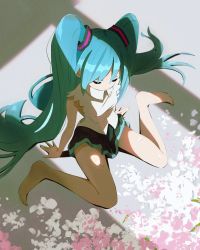 Rule 34 | 1girl, arm support, arms at sides, backlighting, bare legs, barefoot, black skirt, blue hair, breasts, closed eyes, closed mouth, collared shirt, expressionless, facing away, floor, flower, from above, full body, hatsune miku, hatsune miku (nt), leaf, light, long hair, on floor, pink flower, pleated skirt, shirt, sitting, skirt, sleeveless, sleeveless shirt, small breasts, solo, twintails, very long hair, vocaloid, wariza, white flower, white shirt, yuki yukki12