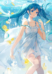 Rule 34 | 1girl, absurdres, air bubble, bare arms, bare shoulders, blue eyes, blue hair, breasts, bubble, closed mouth, collarbone, commentary, dress, english commentary, food, frilled dress, frills, fruit, hair ornament, hairclip, hand up, hatsune miku, highres, lemon, lemon slice, long hair, looking at viewer, see-through, sleeveless, sleeveless dress, small breasts, smile, solo, twintails, underwater, very long hair, vocaloid, water, white dress, yayako (804907150)