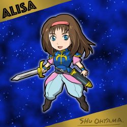 Rule 34 | 1980s (style), 1girl, alisa landeel, armor, belt, blue eyes, boots, bracelet, brown hair, chibi, commentary request, cover, fake cover, fantasy, game console, gem, hairband, happy, jewelry, knight, long hair, looking at viewer, official style, ohyama emerald, oldschool, phantasy star, phantasy star i, retro artstyle, science fiction, sega, sega master system, sheath, signature, sketch, space, star (symbol), starry background, sword, uniform, video game cover, weapon