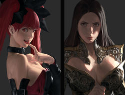 Rule 34 | 2girls, armor, belt collar, black bow, black hair, blunt bangs, bow, breasts, brown eyes, cleavage, clenched hand, collar, concept art, grey background, hair bow, highres, hunting era, large breasts, lipstick, long hair, looking at viewer, makeup, multiple girls, nail polish, red eyes, red hair, red nails, sangsoo jeong, short hair, simple background, smile, twintails, upper body