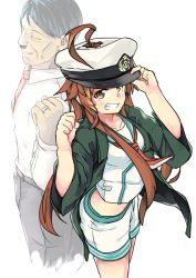 Rule 34 | 1boy, 1girl, adolf hitler, ahoge, back-to-back, black hair, blazer, borrowed clothes, breasts, brown eyes, brown hair, cheekbones, clenched hand, closed eyes, collared shirt, commentary request, eyebrows visible through hat, fading, green jacket, green sailor collar, grin, hair through headwear, huge ahoge, jacket, jewelry, kantai collection, kuma (kancolle), long hair, long sleeves, looking at viewer, medium breasts, mutsuki nekohachi, neckerchief, old, old man, real life, red neckerchief, ring, sailor collar, school uniform, serafuku, shirt, shirt tucked in, shorts, sideways mouth, smile, standing, wedding band, white shirt, white shorts, wrinkled skin