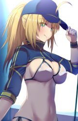 Rule 34 | 1girl, ahoge, artoria pendragon (fate), ashino moto, baseball cap, bikini, blonde hair, blue eyes, blue hat, blue jacket, blush, breasts, cleavage, cropped jacket, fate/grand order, fate (series), hair between eyes, hair through headwear, hat, highres, jacket, large breasts, licking lips, long hair, long sleeves, looking at viewer, mysterious heroine x (fate), mysterious heroine xx (fate), navel, ponytail, shrug (clothing), sidelocks, smile, solo, swimsuit, tongue, tongue out, white bikini, wristband