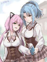 Rule 34 | 2girls, animal ears, arm at side, assault lily, belt, belt buckle, black hairband, blue hair, blue sky, blurry, blurry background, bottle, bow, bowtie, breasts, brown belt, brown skirt, buckle, building, buttons, cat ears, closed mouth, cloud, collared shirt, commentary, corset, cowboy shot, day, drinking straw, fake animal ears, giving, green eyes, hair between eyes, hair ornament, hairband, height difference, high ponytail, highres, holding, holding bottle, large breasts, light blush, light smile, long hair, long sleeves, looking at another, looking down, looking to the side, looking up, low twintails, ludvico private girls&#039; academy school uniform, makino mitake, miniskirt, multiple belts, multiple girls, outdoors, parted bangs, parted lips, pink bow, pink bowtie, pink hair, plaid, plaid skirt, ponytail, school uniform, see-through, shirt, short hair, sidelocks, skirt, sky, smile, standing, suspenders, sweat, toda eulalia kotohi, translated, twintails, underbust, urutsu sahari, very long hair, water bottle, wet, wet clothes, wet shirt, white shirt, yellow eyes