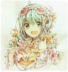 Rule 34 | 1girl, flower, goggles, goggles on head, gradient background, green eyes, green hair, gumi, happy birthday, hazakura chikori, looking at viewer, matching hair/eyes, open mouth, painting (medium), short hair, smile, solo, traditional media, vocaloid, watercolor (medium), wrist cuffs