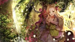 Rule 34 | 1girl, :o, absurdres, bad id, bad pixiv id, balcony, bare shoulders, blonde hair, bow, brown eyes, day, dress, elf, flower, green dress, green theme, hand up, highres, holding, holding wand, huge filesize, lium, long hair, looking at viewer, nina (teria saga), outdoors, petals, pointy ears, railing, red bow, rose, sitting, solo, teria saga, tree, very long hair, wand, water, waterfall
