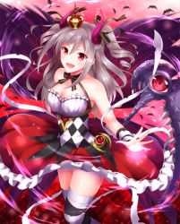 Rule 34 | 10s, 1girl, :d, aireenhp, bandages, blush, breasts, cleavage, crown, demon horns, drill hair, hair ribbon, heart, horns, idolmaster, idolmaster cinderella girls, kanzaki ranko, long hair, open mouth, red eyes, ribbon, scythe, silver hair, smile, solo, thighhighs, twin drills, twintails, two side up, weapon, wings