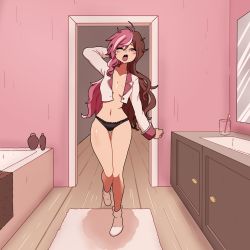 Rule 34 | absurdres, arm behind head, bathtub, black panties, blush, breasts, brown hair, cleavage, highres, hip focus, lace, lace-trimmed panties, lace trim, long hair, medium breasts, messy hair, mirror, multicolored hair, navel, neo politan, no bra, one eye closed, open clothes, open mouth, open shirt, panties, partially undressed, pink hair, raburine, rwby, shirt, socks, solo, split-color hair, thigh gap, toothbrush, underwear, waking up, yawning