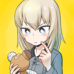 Rule 34 | 10s, 1girl, bandaid, blue eyes, boko (girls und panzer), bright pupils, closed mouth, commentary request, dress shirt, finger to face, frown, girls und panzer, grey shirt, holding, holding stuffed toy, itsumi erika, kuromorimine school uniform, long hair, long sleeves, partial commentary, portrait, raised eyebrow, school uniform, shirai keita, shirt, silver hair, simple background, solo, stuffed animal, stuffed toy, teddy bear, v-shaped eyebrows, white pupils, yellow background