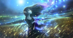 Rule 34 | 00, blurry, collarbone, dark, dress, elf, fairy, fantasy, field, flute, full moon, highres, instrument, light particles, long hair, looking at another, looking up, magic, moon, night, original, pointy ears, scenery, silhouette, solo, wheat, wind