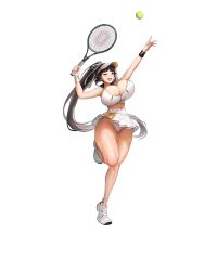 Rule 34 | 1girl, absurdres, armpit crease, arms up, ball, barcode, bead anklet, black wristband, bodypaint, breasts, brown eyes, brown hair, bursting breasts, english text, full body, game cg, hair ribbon, hat, high-waist skirt, high ponytail, highres, holding, holding racket, huge breasts, kanji, last origin, long hair, looking at viewer, mel (dodosae), microskirt, official alternate costume, official art, one eye closed, open mouth, panda ornament, panties, pleated skirt, racket, ribbon, shirt, shoes, side-tie panties, simple background, skirt, smile, sneakers, solo, sportswear, standing, standing on one leg, string panties, sweat, sweatband, tachi-e, tennis ball, tennis racket, tennis uniform, thick thighs, thighs, third-party source, tiequan (last origin), transparent background, underwear, very long hair, visor cap, wardrobe malfunction, white footwear, white hat, white panties, white ribbon, white shirt, white skirt, white wristband, zipper
