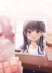 Rule 34 | 1girl, applying makeup, blue jacket, blunt bangs, blurry, blush, bokeh, brown eyes, brown hair, commentary request, cotton swab, depth of field, female pov, highres, holding cotton swab, jacket, kaisake (utp), long hair, looking at mirror, looking at viewer, makeup, mirror, open mouth, original, portrait, pov, reflection, shirt, solo, sparkle, white shirt