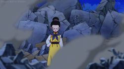 Rule 34 | 10s, 1boy, 1girl, anger vein, angry, animated, animated gif, black eyes, black hair, chi-chi (dragon ball), close-up, dragon ball, dragon ball super, earrings, hair bun, jewelry, lipstick, looking at viewer, lowres, makeup, outdoors, rubble, single hair bun, smoke, son goten