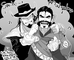 Rule 34 | 2boys, anger vein, bara, beard, couple, cowboy hat, facial hair, graves (league of legends), greyscale, grin, hair slicked back, hat, karipaku, league of legends, long hair, male focus, mature male, monochrome, multiple boys, musical note, mustache, one-hour drawing challenge, playing with beard, short hair, smile, thick eyebrows, translation request, twisted fate, upper body, yaoi
